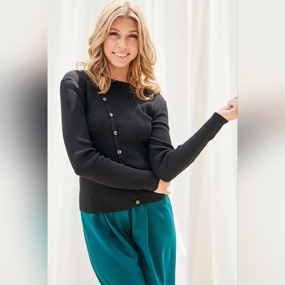 Faith Apparel Black Button Up Long Sleeve Knit Top - Picture 2 of 3